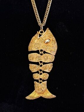 Vintage Articulated Fish Aged Goldtone Pendant Necklace • JJ Jonette Signed